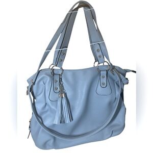 Beautiful Elegant Ice Blue Large Hobo Purse with Tassels and Gold Hardware. NWOT